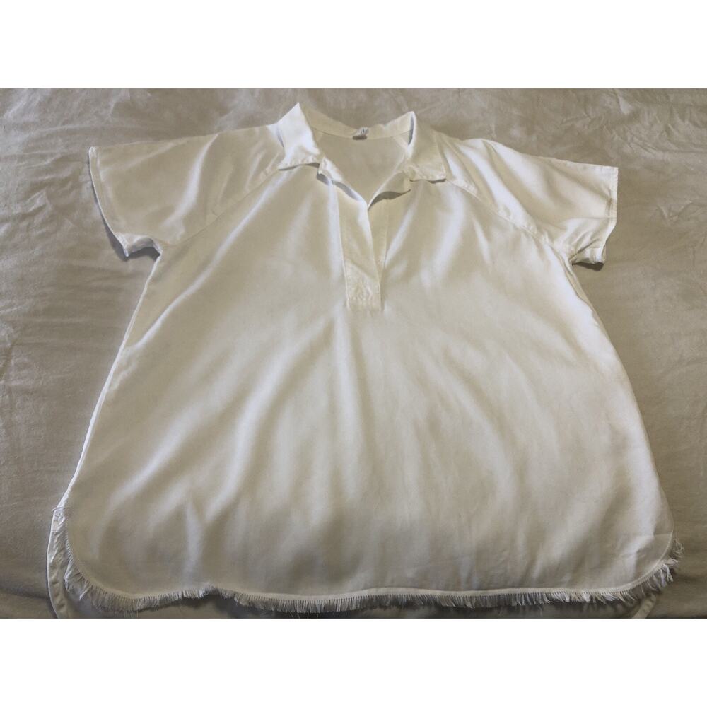 Amandi Blouse M White Split Neck Short Sleeve Frayed Hem! Tencel! - Picture 4 of 9
